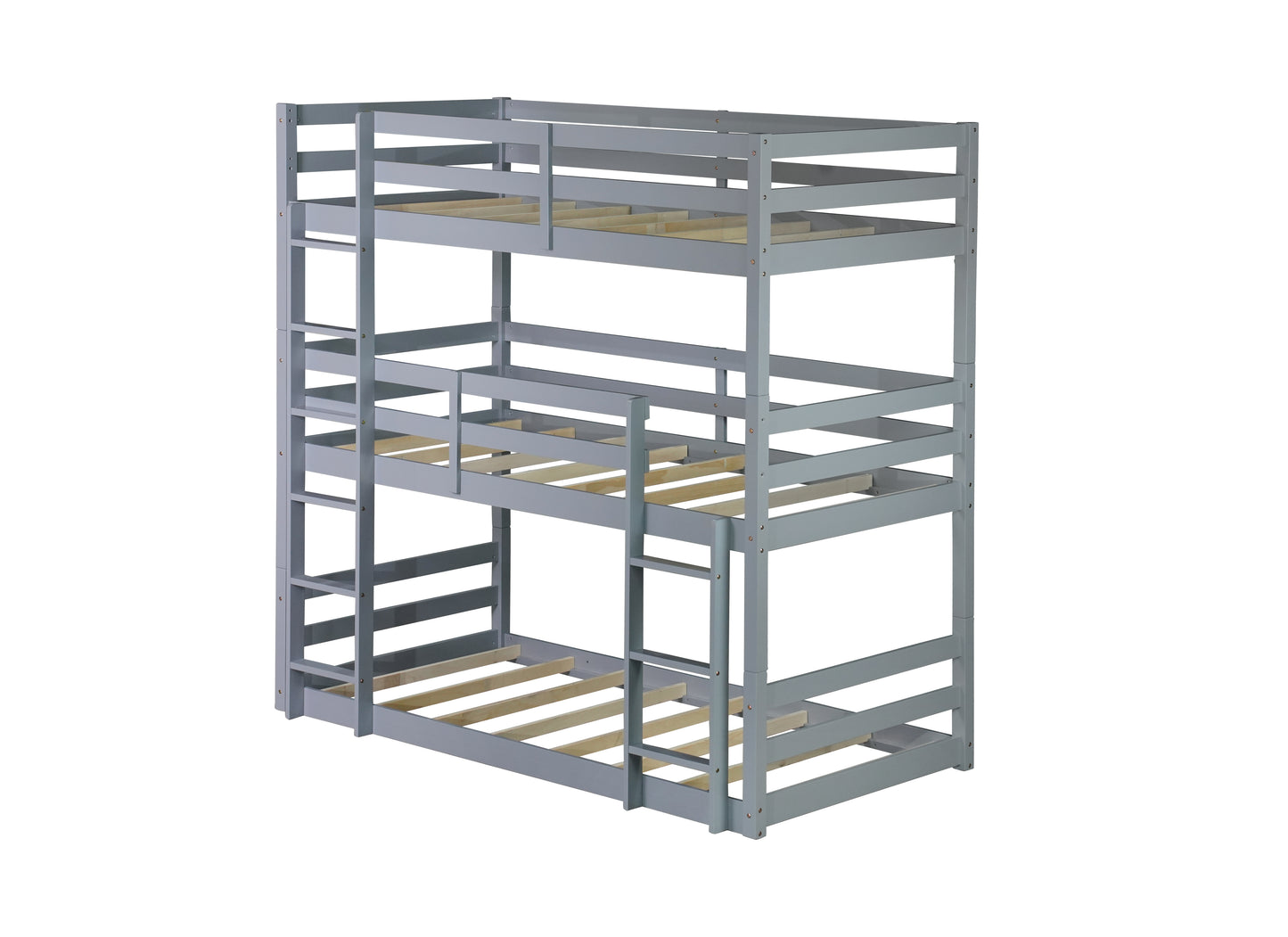 Triple Rubber Wood Bunk Bed with Two Built-in Ladders, Guardrails, Twin over Twin over Twin, Detachable Triple Twin Bunk Bed,Grey image 2