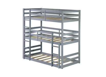 Triple Rubber Wood Bunk Bed with Two Built-in Ladders, Guardrails, Twin over Twin over Twin, Detachable Triple Twin Bunk Bed,Grey image 2