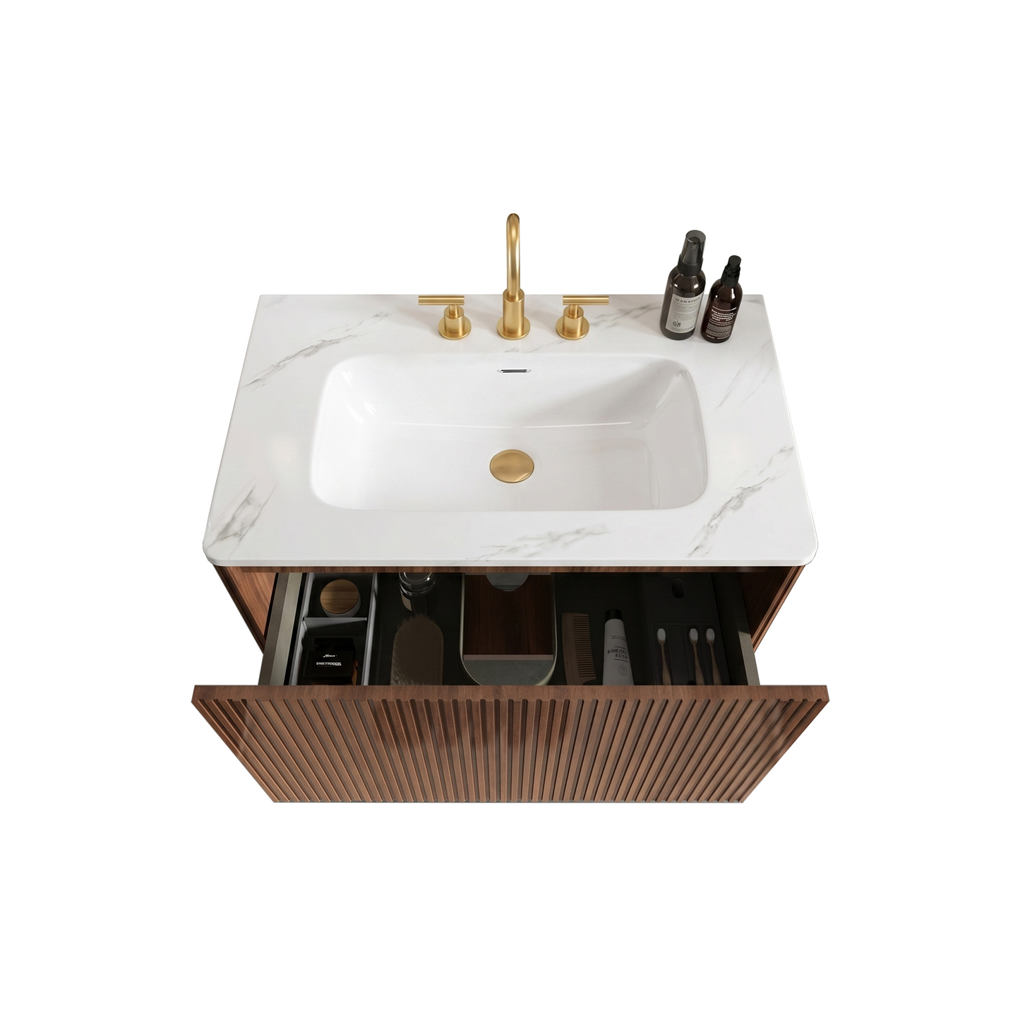 Etna 30" Striped Walnut Bathroom Vanity with Carrara White Ceramic Sink, Wall Mounted Floating Bathroom Vanity for Modern Bathroom, KD image 6