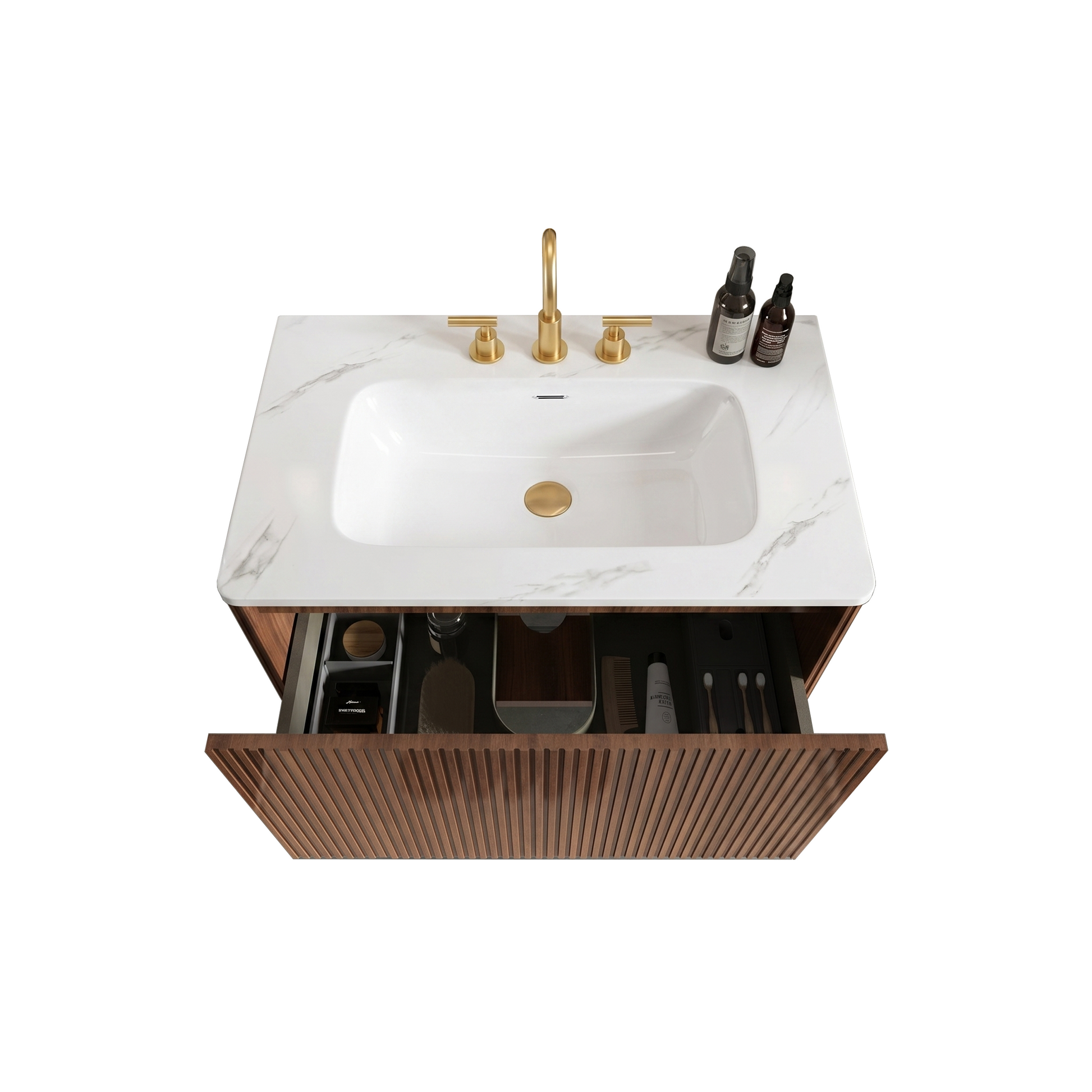 Etna 30" Striped Walnut Bathroom Vanity with Carrara White Ceramic Sink, Wall Mounted Floating Bathroom Vanity for Modern Bathroom, KD image 6