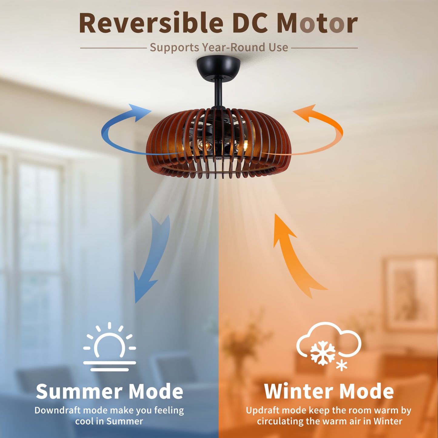 20" Pumpkin Wood Ceiling Fan, Rustic Farmhouse Plywood Fandelier with 6 E12 Sockets, Reversible DC Motor, Adjustable Hanging, 6 Speeds Remote Control Ceiling Fan for Dining Room Kitchen image 8
