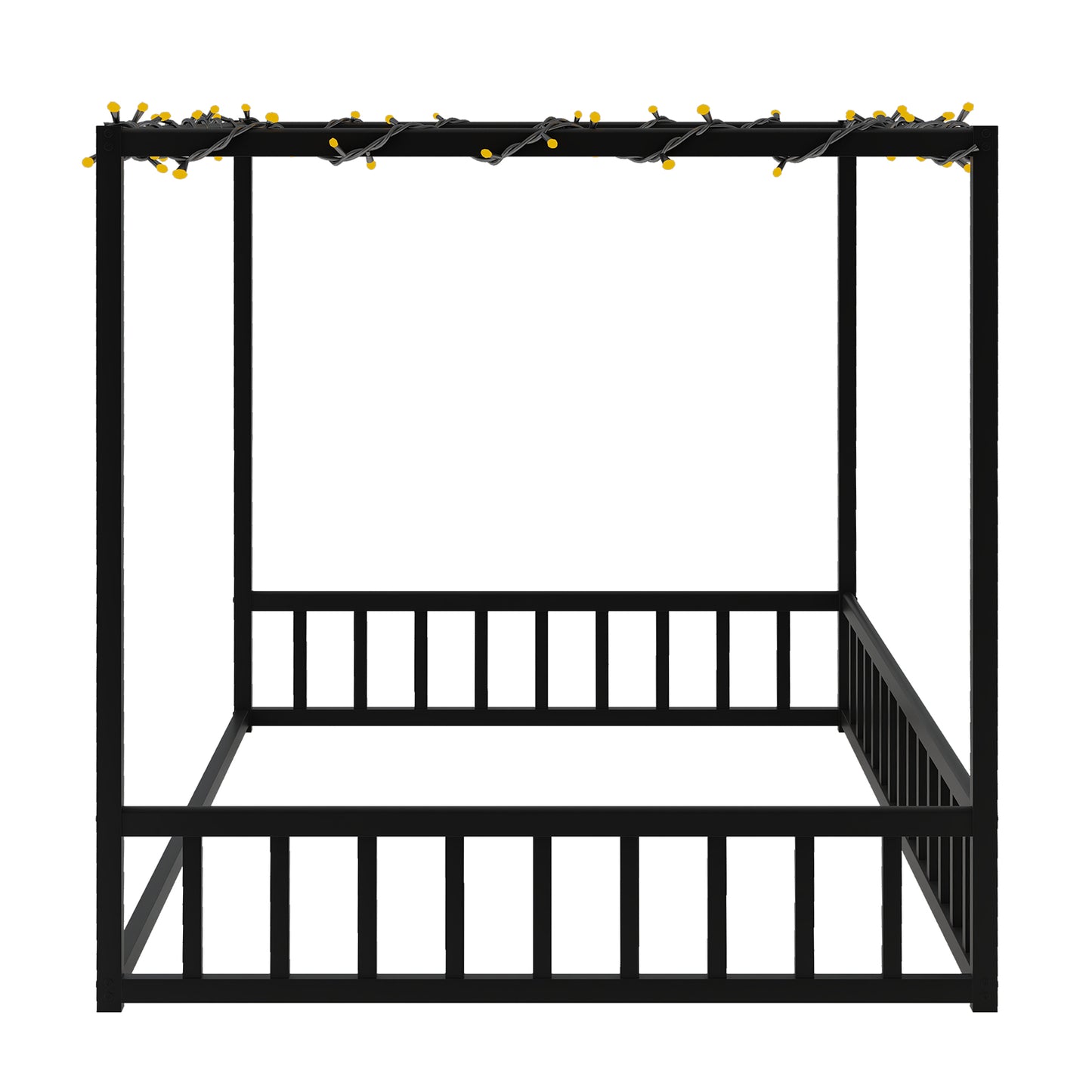 Full size sunshade floor bed, iron double-size bed frame, modern low-profile double-size bed, equipped with fence-style guardrails, black series image 7