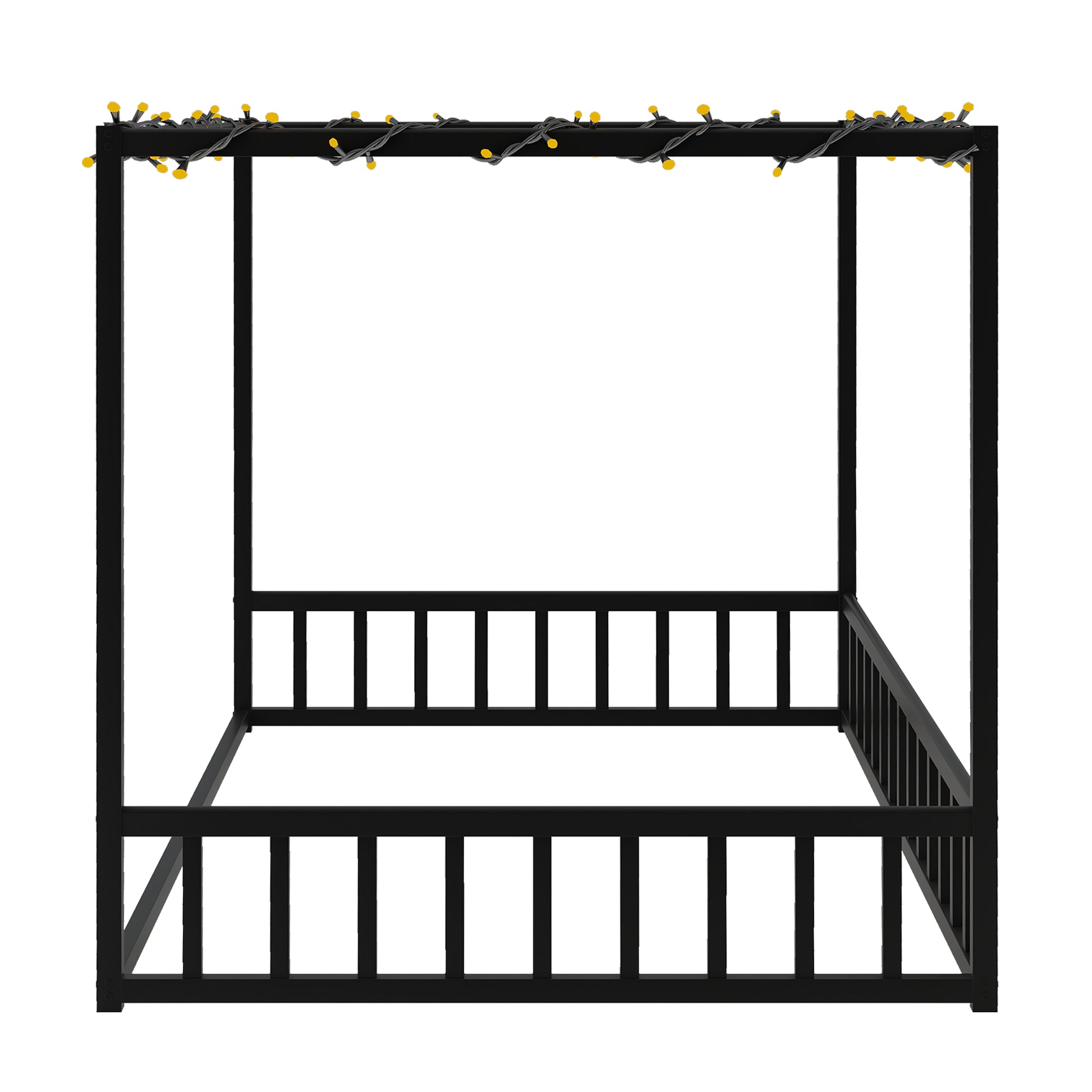 Full size sunshade floor bed, iron double-size bed frame, modern low-profile double-size bed, equipped with fence-style guardrails, black series image 7