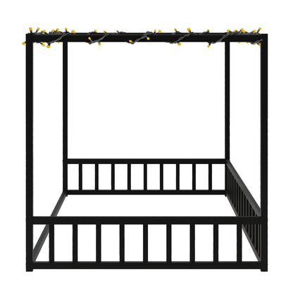Full size sunshade floor bed, iron double-size bed frame, modern low-profile double-size bed, equipped with fence-style guardrails, black series image 7
