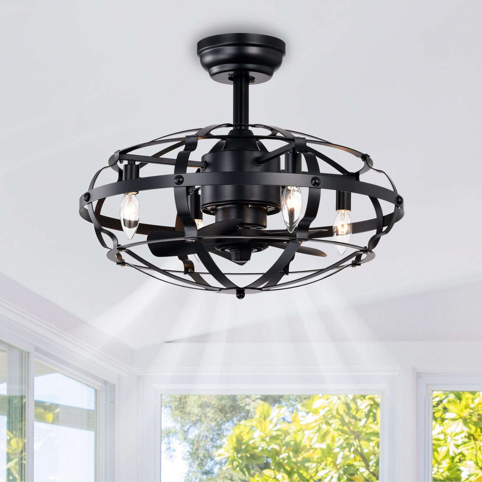 20.63 INCH Caged Ceiling Fan with Lights For Farmhouse, Bedroom Living Room bedroom--NOT Included Bulbs--Matte Black image 2