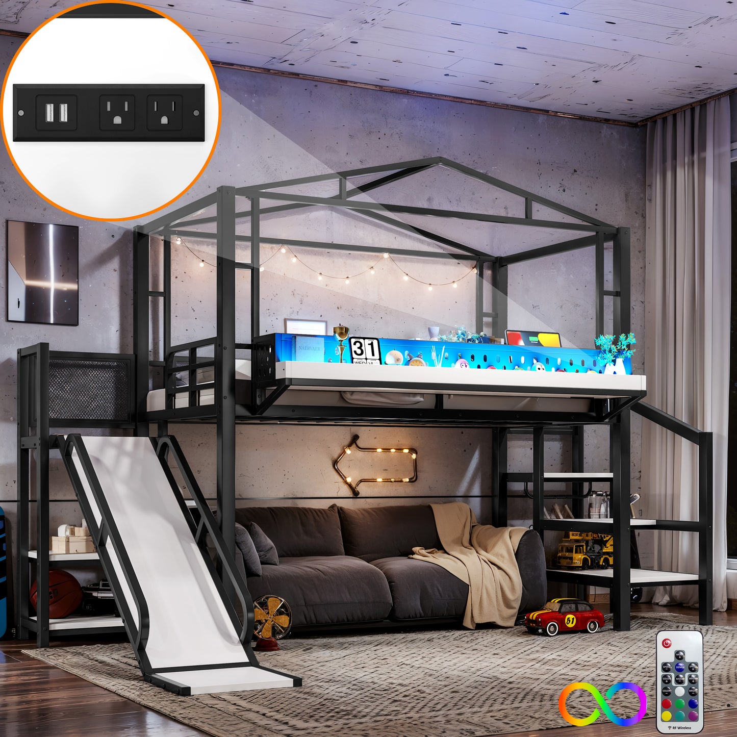 Twin Size Loft Bed with Storage Stairs, Shelves and Built-in Wardrobe, Metal Loft Bed Frame with USB Ports and LED Lights, Noise-reduced Design, Black image 3