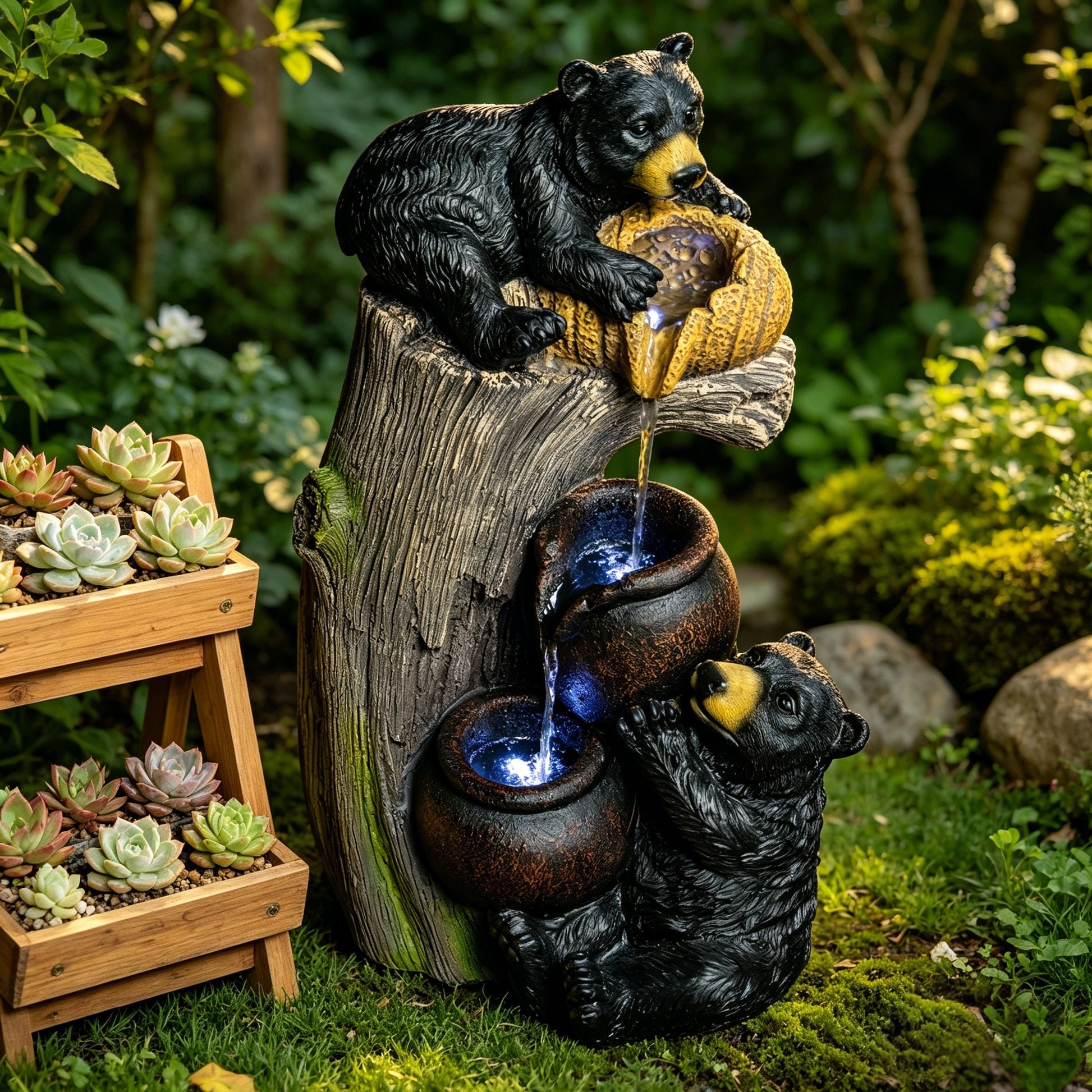 Bear Outdoor Water Fountain with LED Lights Cascading Fountains Outdoor for Patio Yard Balcony 23.62'' Garden Fountains Outdoor and Outdoor Water Fountain Decor image 2