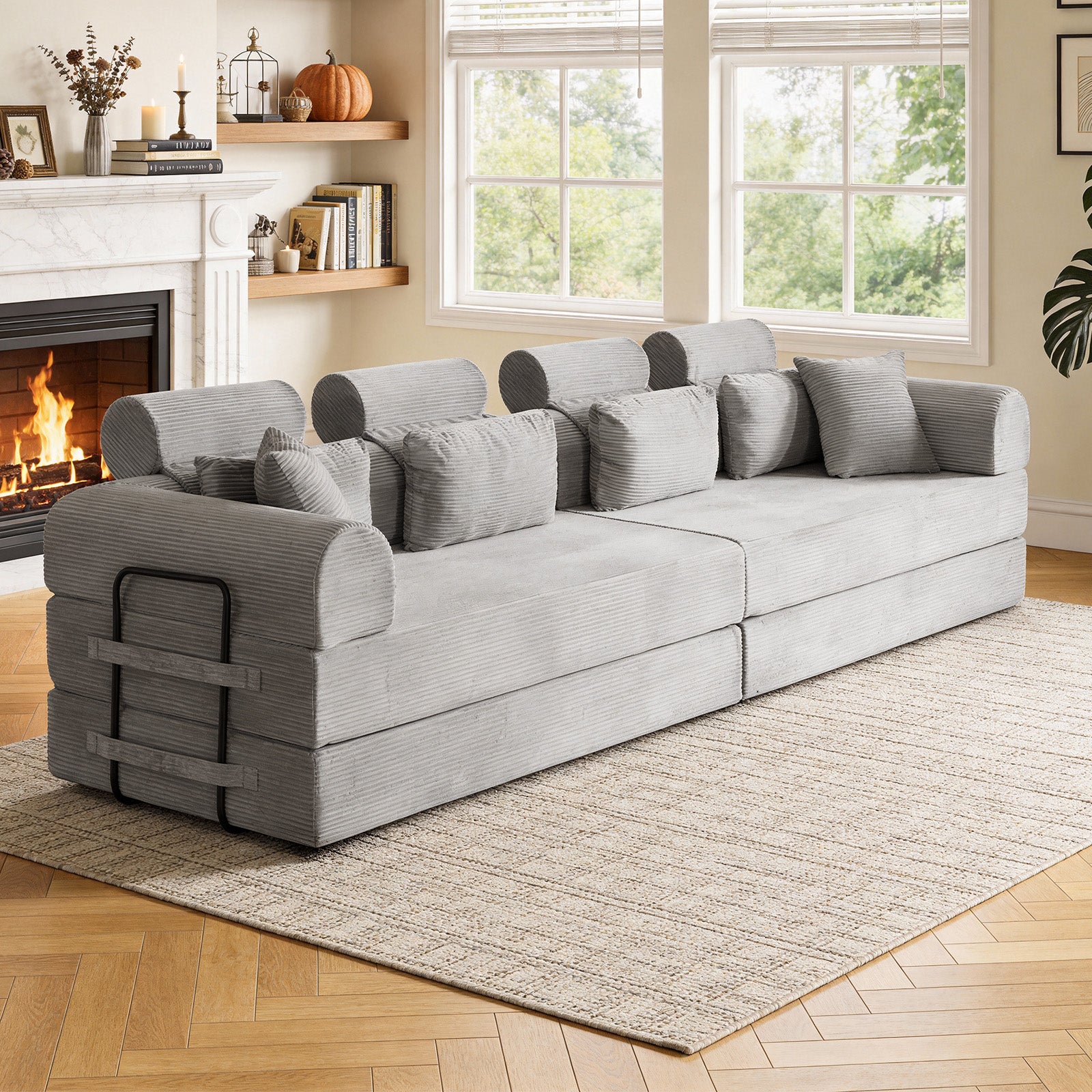 L shape Modular Sectional Sofa, Compressed Sectional Sofa Modern Minimalist Style Corduroy Couch,Unfold into a bed, Bedroom, Comfy Compressed Sofa Couch Space-Efficient Design(Light Gray) image 3