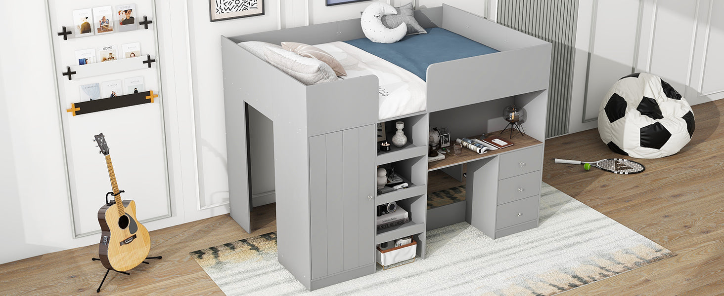 Wood Full Size Loft Bed with Built-in Wardrobe, Desk, Storage Shelves and Drawers, Grey image 5
