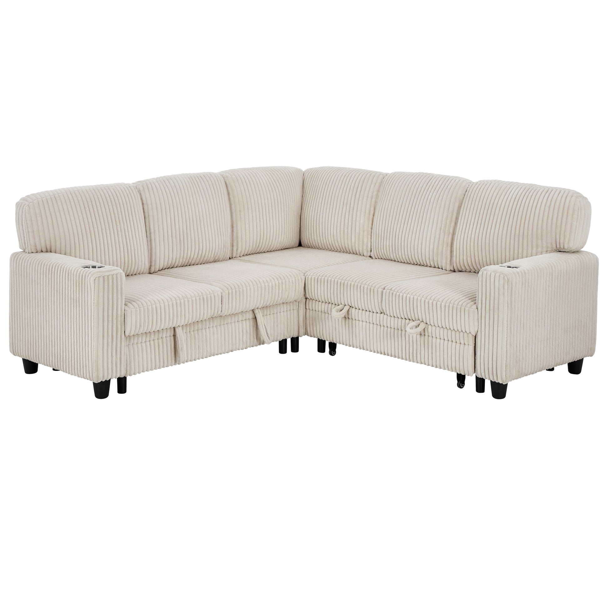 L-Shaped Sectional Sofa Bed with Pull-Out Bed & Storage, 5-Seat Sleeper Couch with USB Charging, Convertible Design for Living Room, Apartment, Corduroy Fabric, Beige image 12