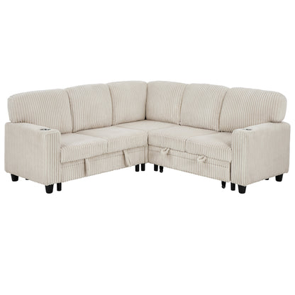 L-Shaped Sectional Sofa Bed with Pull-Out Bed & Storage, 5-Seat Sleeper Couch with USB Charging, Convertible Design for Living Room, Apartment, Corduroy Fabric, Beige image 12