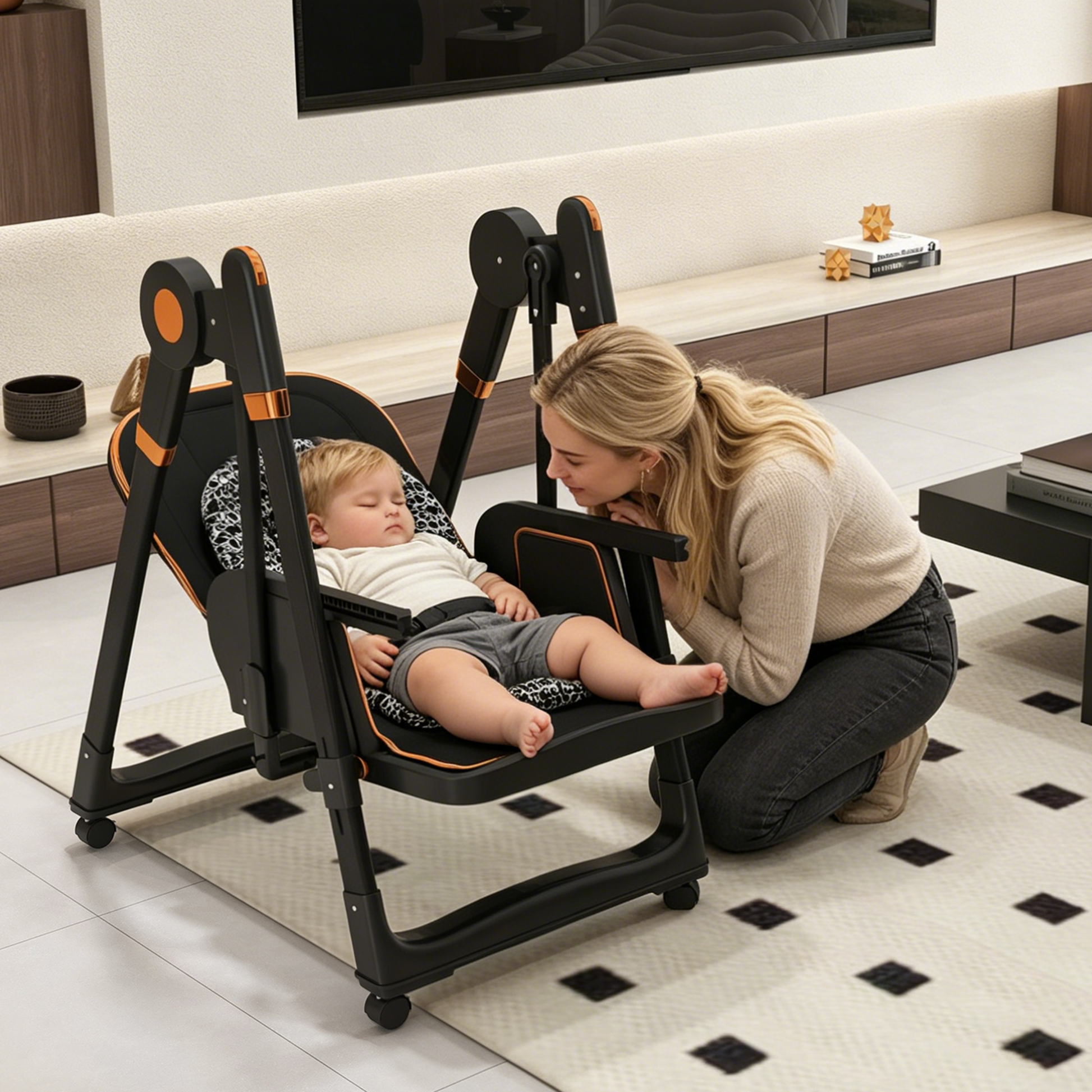 Convertible Baby High Chair to Rocker with 5-Point Harness, Foldable Infant Feeding Chair with Silent Locking Wheels & Removable 2-Tier Easy-Clean Tray for 6M-3Yrs(Black) image 10