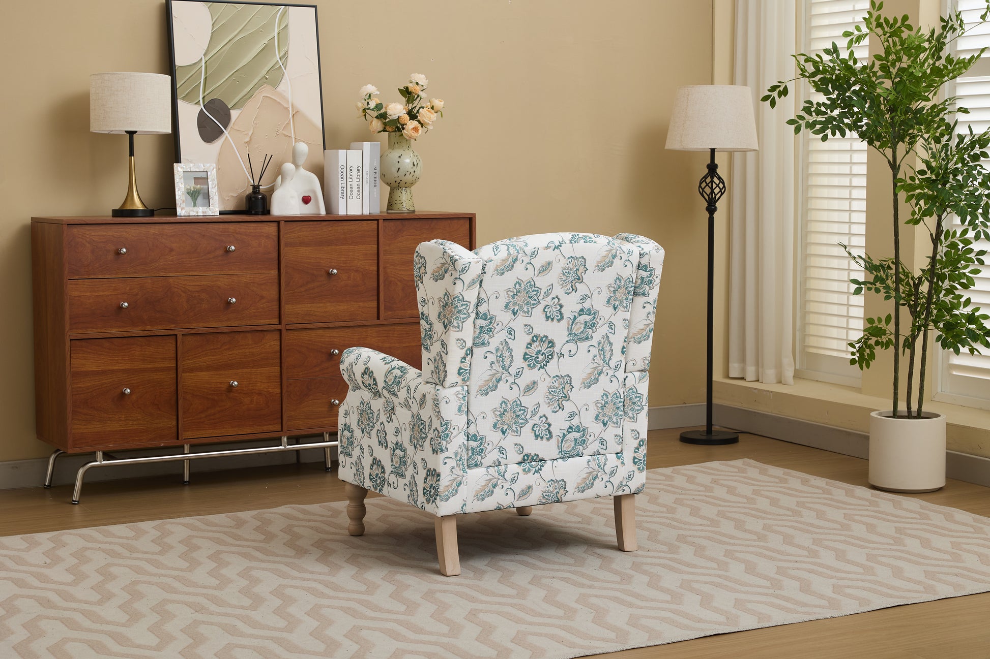 Modern Accent Chair with Retro Wood Legs, Comfy Upholstered Armchair, Floral Design Single Sofa Chair for Living Room Bedroom Office image 3