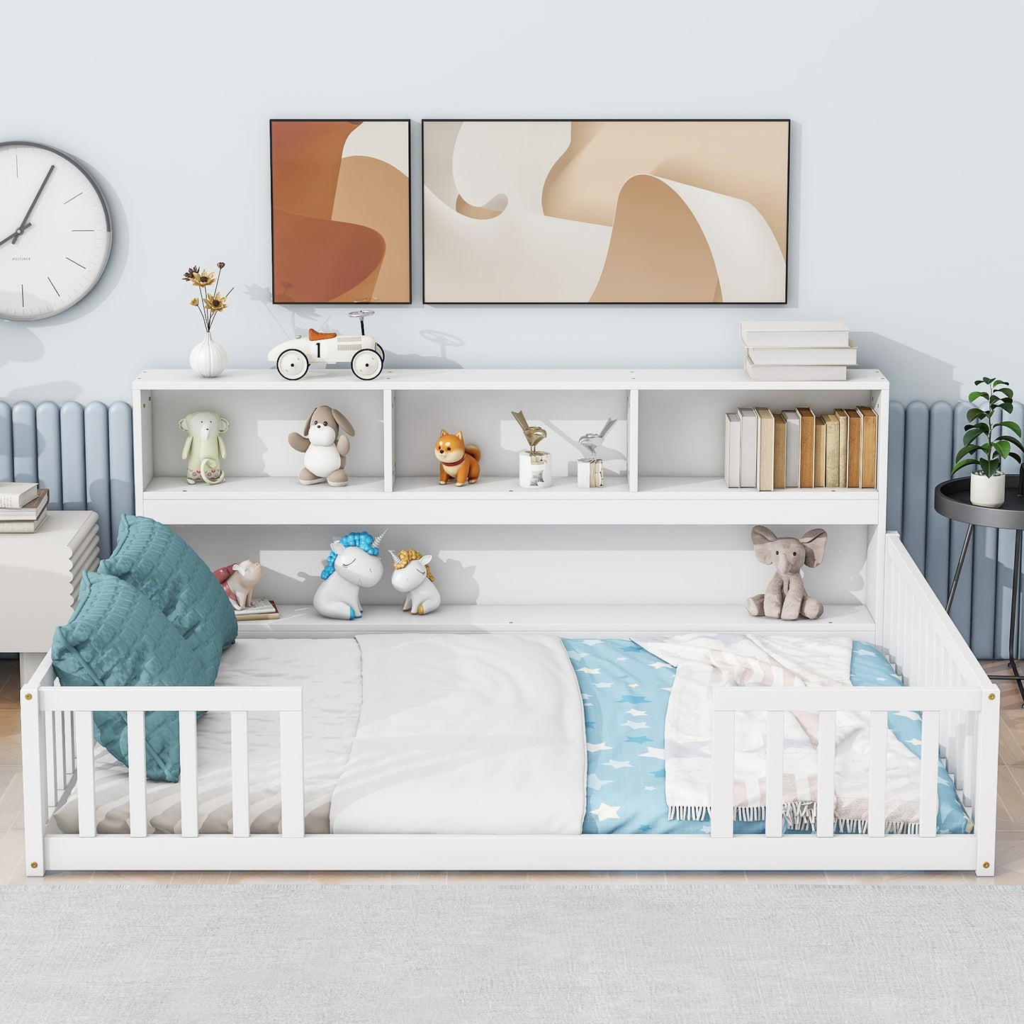 Full Floor Bed with Side Bookcase,Shelves,Guardrails,White image 1