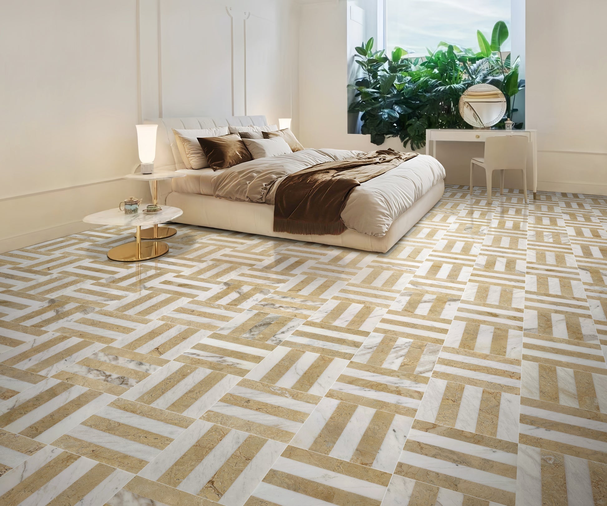 12x12 White Gold 2 color Waterjet polished marble tiles set, natural marble, for floor and wall, natural stone, genuine marble, real marble, 1 box each pattern 4 pcs image 12