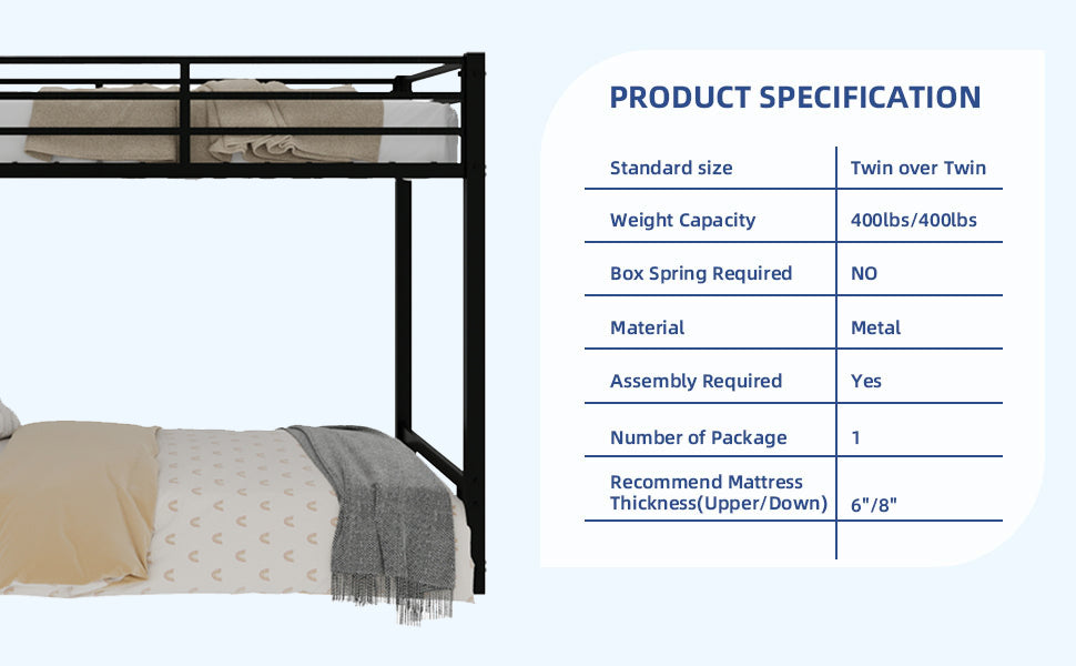 Metal Twin over Twin Bunk Bed/ Heavy-duty Sturdy Metal/ Noise Reduced/ Safety Guardrail,Black image 2