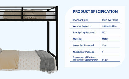 Metal Twin over Twin Bunk Bed/ Heavy-duty Sturdy Metal/ Noise Reduced/ Safety Guardrail,Black image 2
