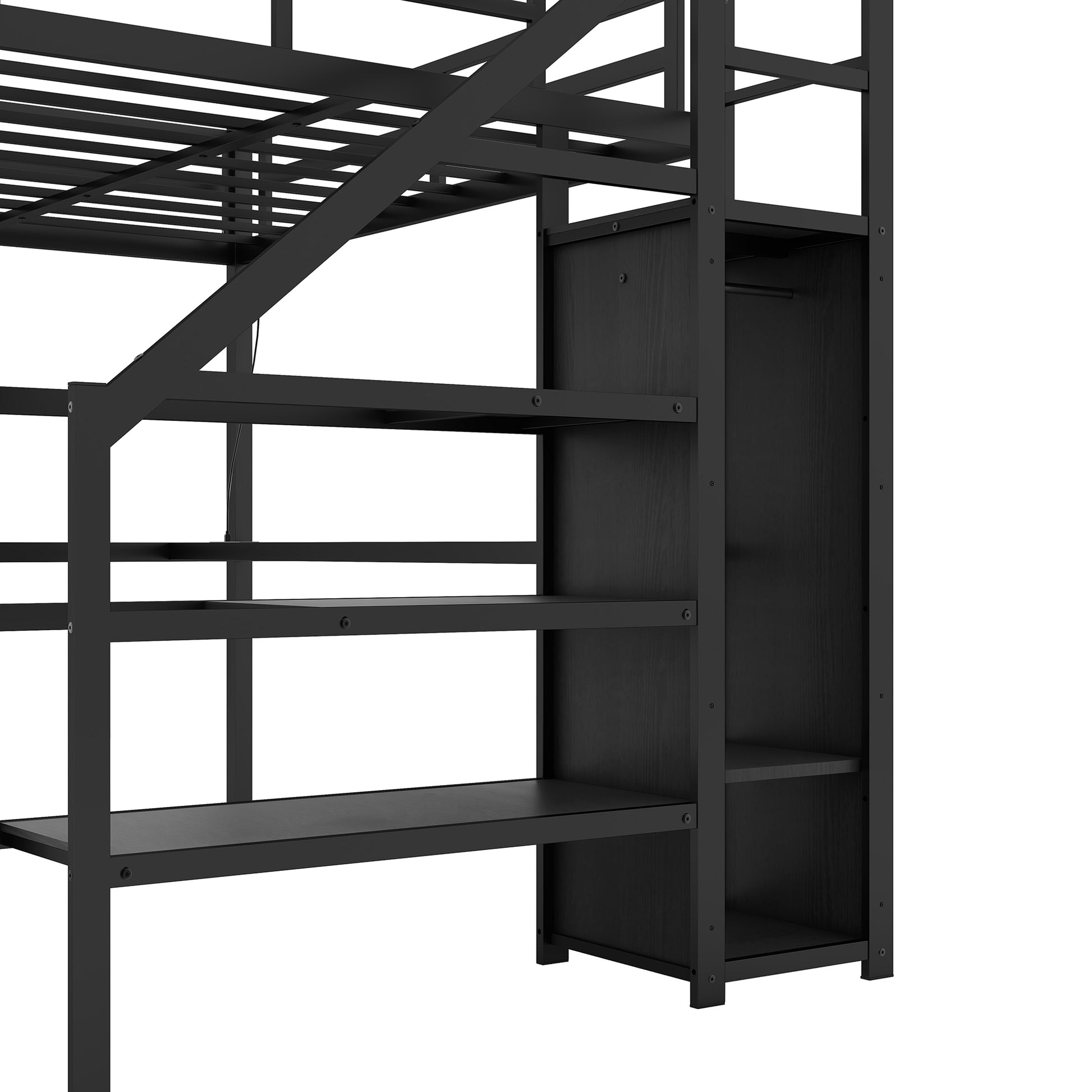 Twin XL Size Loft Bed with L-shaped Desk and USB, Metal Loft Bed with Wardrobe and Adjustable Shelf, High Loft Bed with LED for Kids Teens Adults, Black image 12