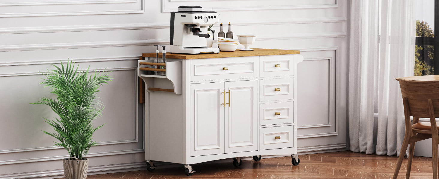 K&K 52'' Kitchen Island with Drop Leaf, Embossed Texture Kitchen Island on Wheels with Spice Rack, Towel Rack, 2 Doors and 5 Drawers, Kitchen Storage Cart with Adjustable Shelf for Kitchen, White image 6