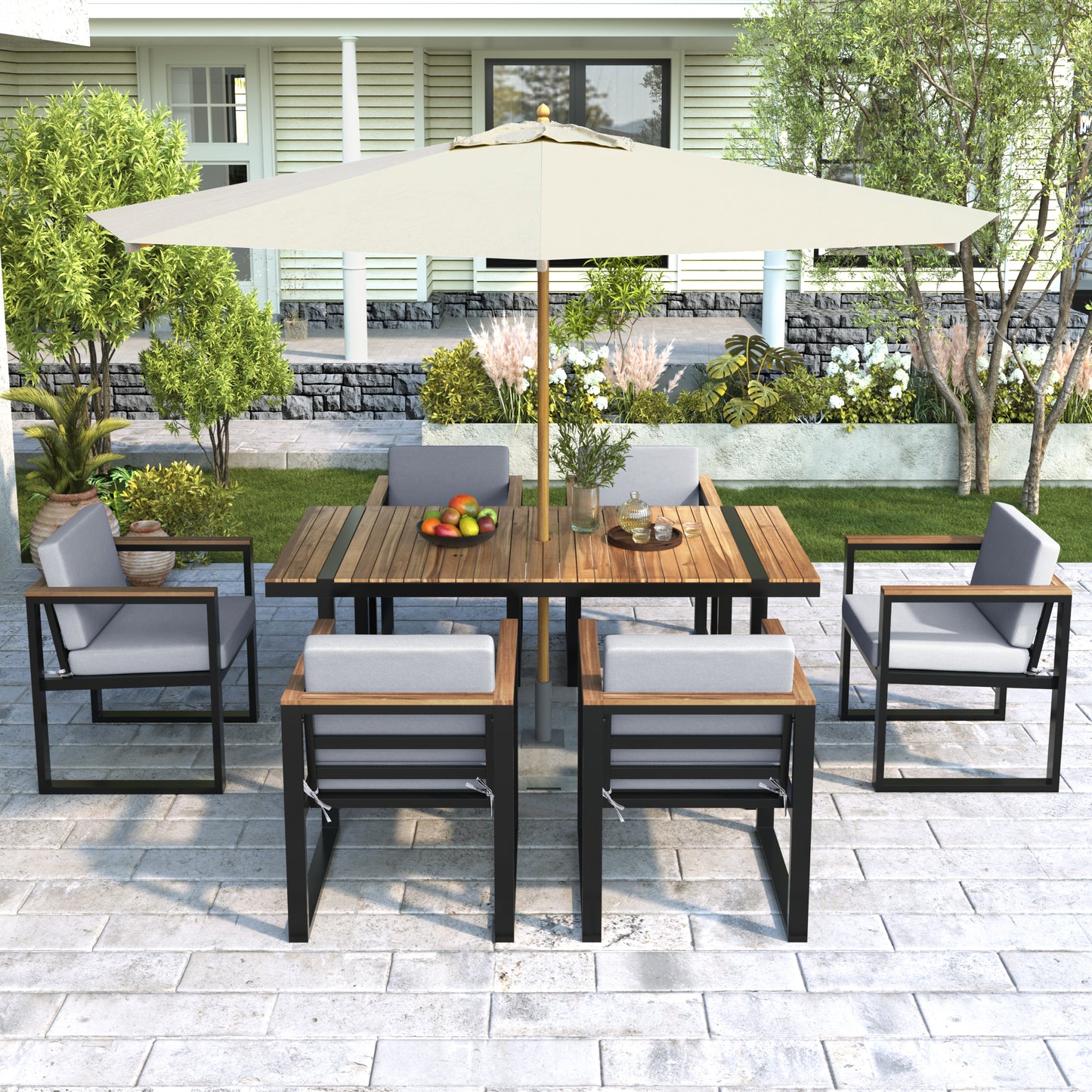 7 Pieces Outdoor Dining Set Patio Dining Table and Chair Set with and Removable Cushions for Patio, Backyard, Garden, Grey image 1