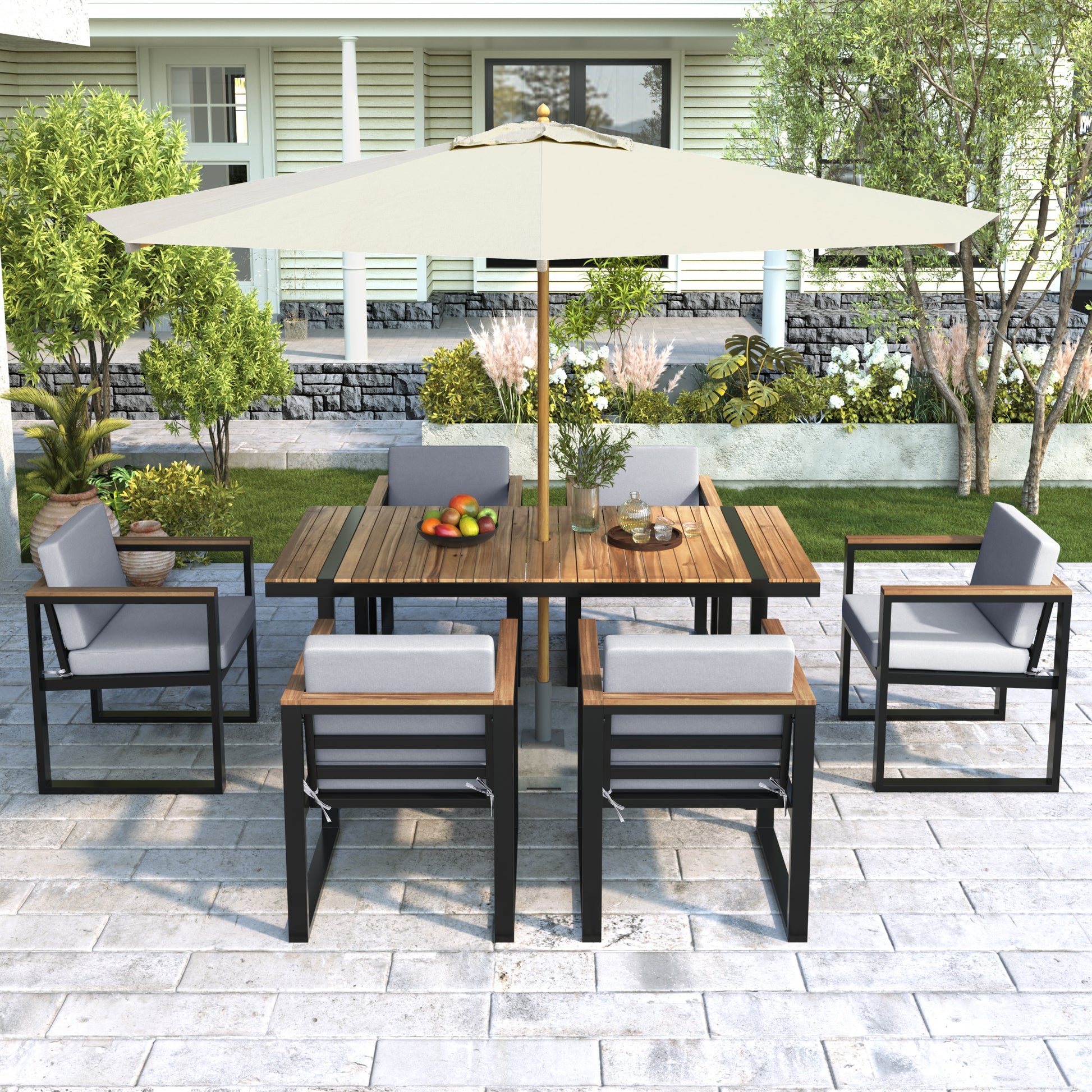 7 Pieces Outdoor Dining Set Patio Dining Table and Chair Set with and Removable Cushions for Patio, Backyard, Garden, Grey image 1