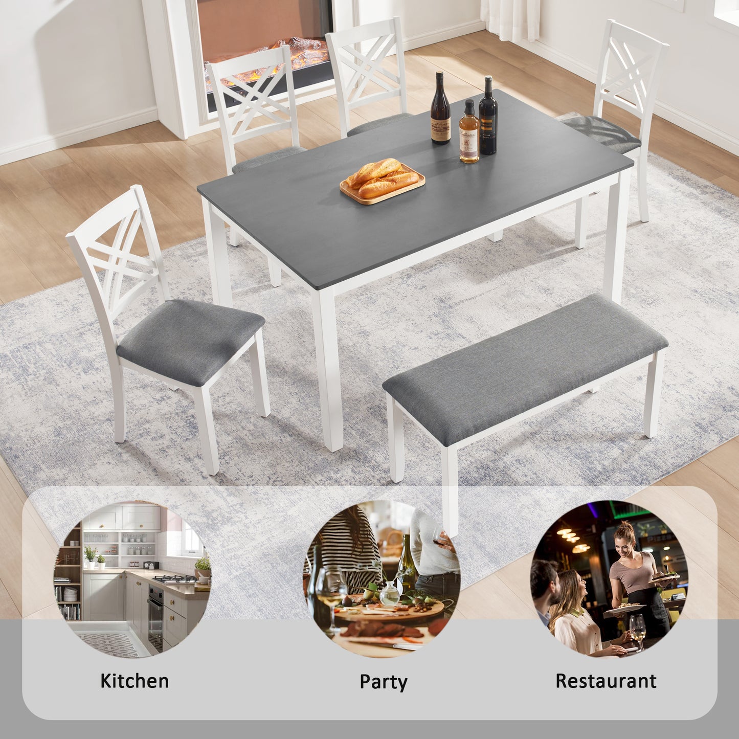 6 Piece Kitchen Dining Set, Rectangular Wooden Dining Table with 4 Upholstered Chairs and a Bench, Dining Table Set for 6 People, Living Room and Kitchen, Grey & White two tone image 4