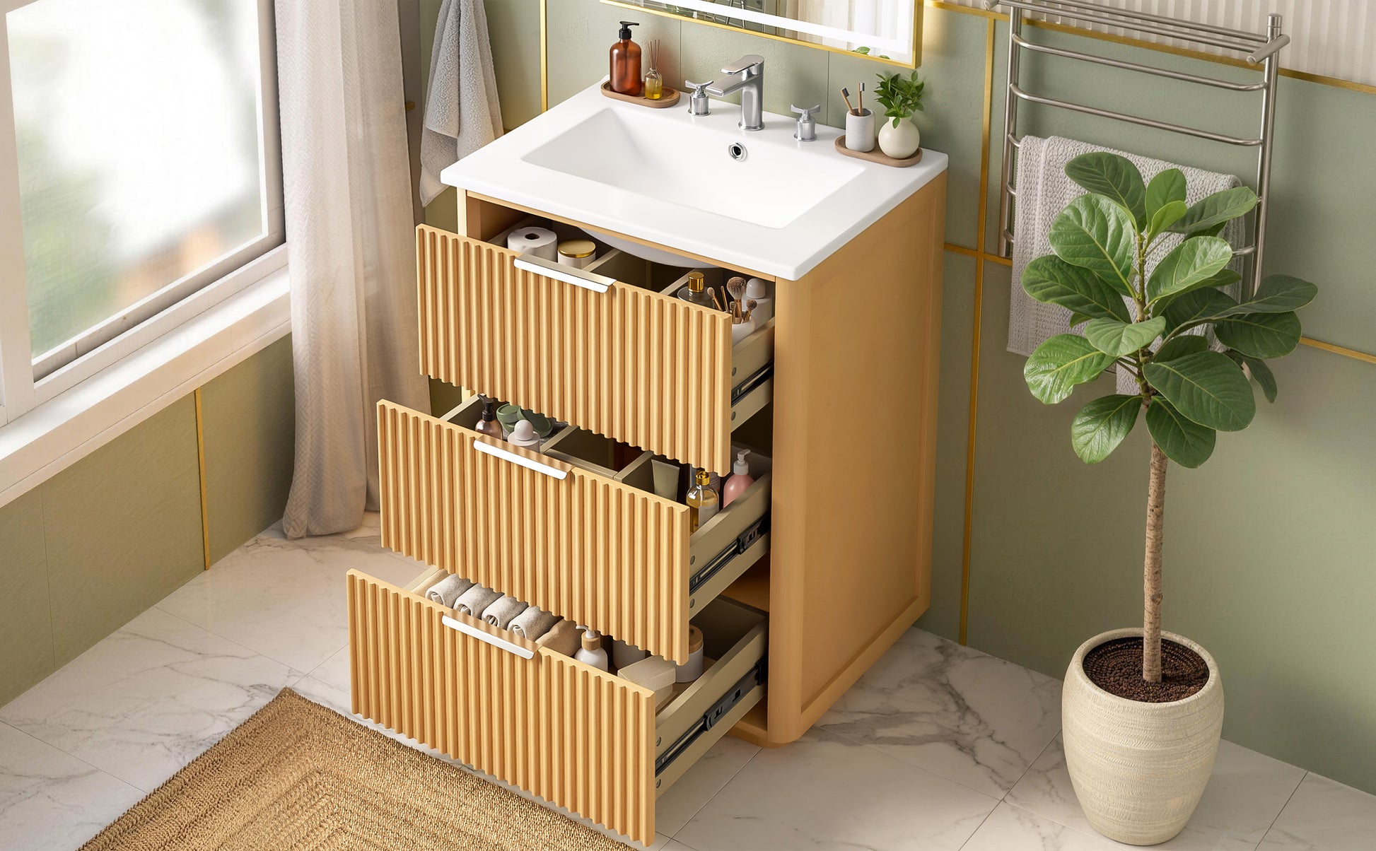 24 inch Modern Luxury Bathroom Vanity with Ceramic Sink, Bathroom Cabinet with Open Shelf and Closed Storage image 10