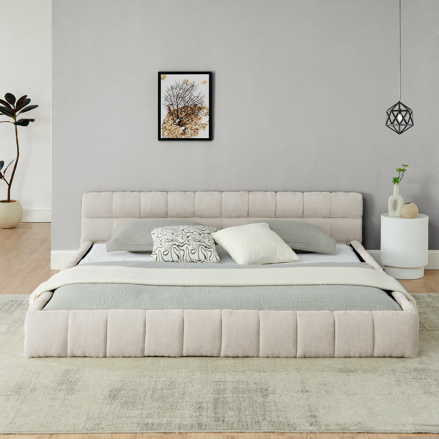 King size Upholstered Bed Frame with Thick Fabric, Chenille Fabric Grounded King Size Platform Bed with Headboard and Solid Frame. No Box Spring Needed-Beige(88.5''*85.5''*24'') image 3