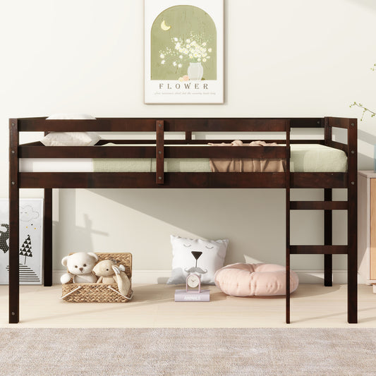 Solid Wooden, Rubber Wooden Twin Loft Bed with Ladder, Bed Platform of Strengthened Slats, Espresso image 1