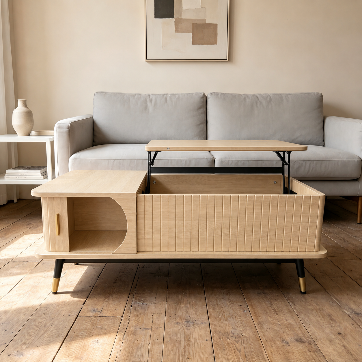 Wood Lift Top Coffee Table with Hidden Compartment and Large Storage Shelf, Lift Tabletop Dining Center Table for Home Living Room Office,Natucal image 3