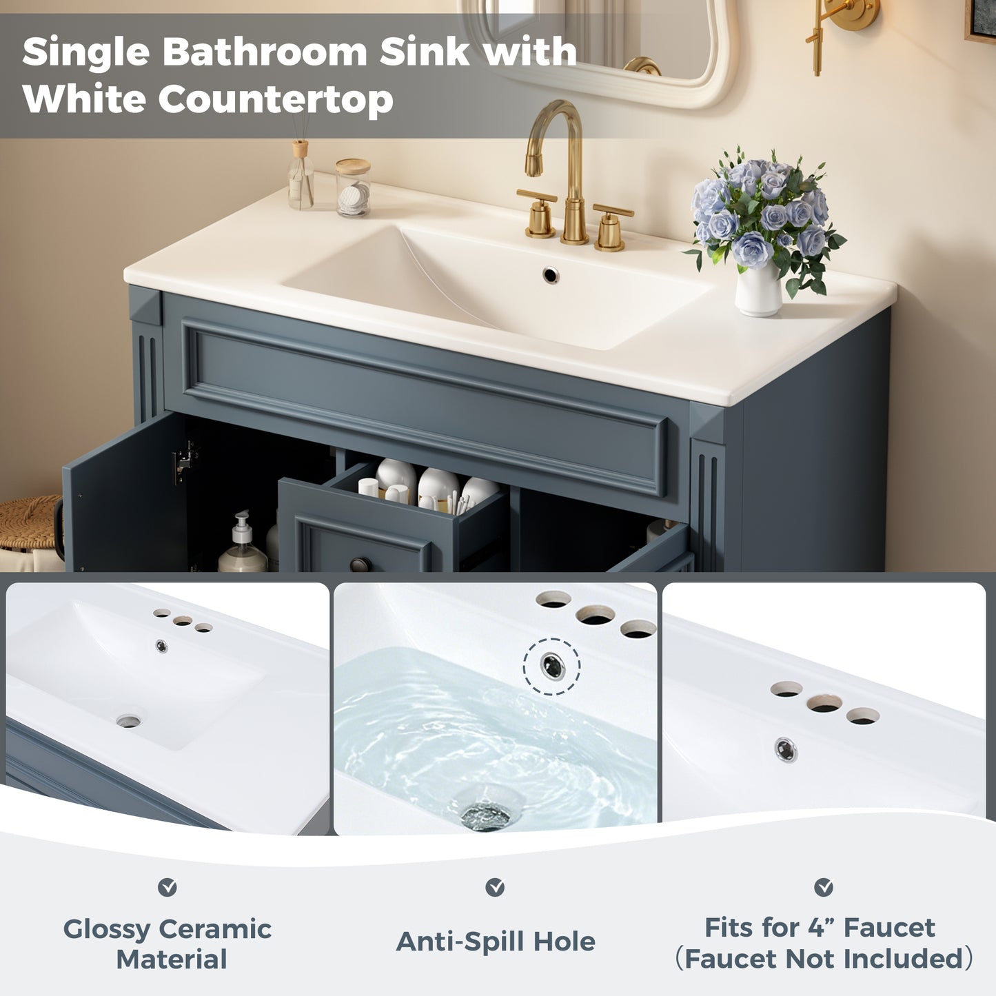 36 inch Wall Mounted Bathroom Cabinet with Ceramic Sink and Drawers, French Simple Style Vanity with Soft Closing Hinges image 7