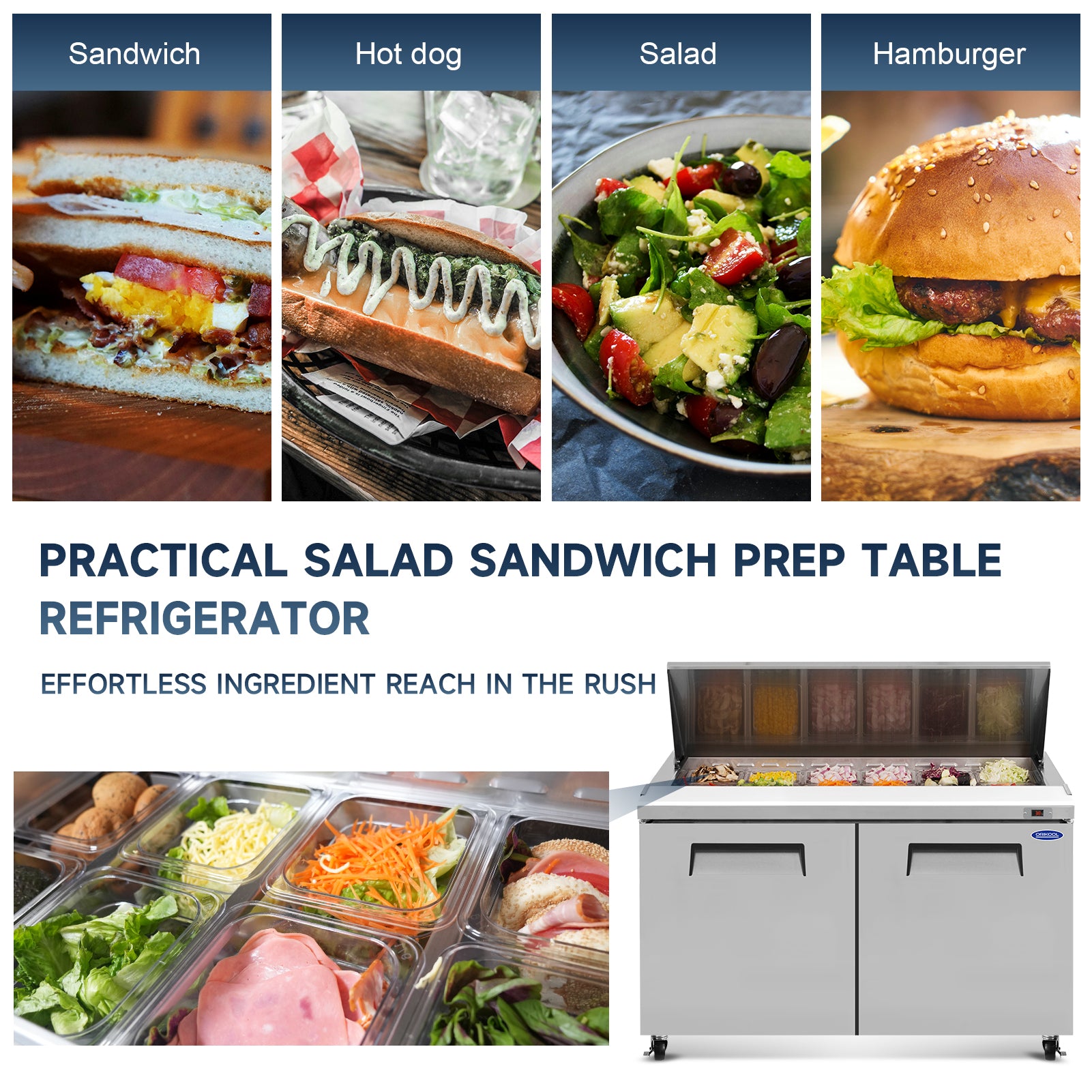 Orikool 60 IN Commercial Refrigerators Sandwich&Salad Prep Table with a Butcher Block Cutting Board, Protection Lid, Cold Storage, ETL Certified image 2