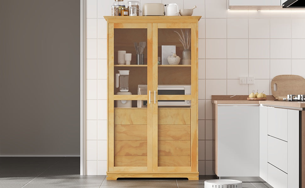 TOPMAX 44.7x20x75inch Kitchen Pantry, Freestanding Kitchen Storage Cabinet Display Cabinet with Glass Doors and 4 Built-in Drawers for Living Room, Home Office, Natural image 5