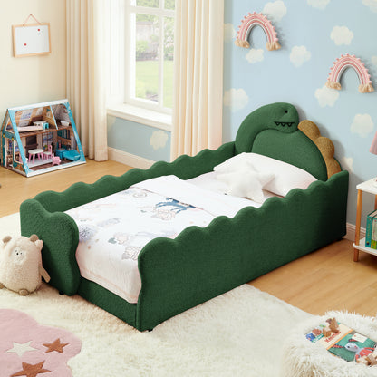 Twin Size Cute Dinosaur-Shaped Kids Bed with Safety Guardraild, Solid Wood Toddler Bed Frame for Children for Bedroom, Boucle Fabric image 3