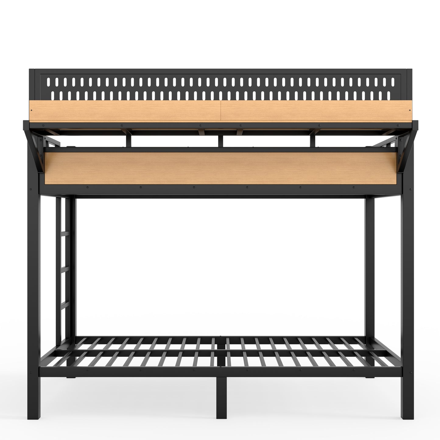 Twin XL over Twin XL Size Metal Bunk Bed with Storage Shelves and Pegboard, Bunk Bed Frame with USB Ports and LED Lights, Space-Saving, for Teens and Adults, Natural image 12
