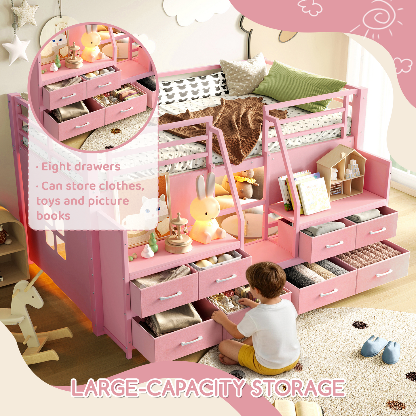 Twin Low Loft Bed with Multi-Storage Spaces, Including Fabric Drawers, Fabric Shelves Beside the Bed, Storage Stairs, Metal Loft Bed with Lights and Ample Under-bed Spaces, Pink image 6