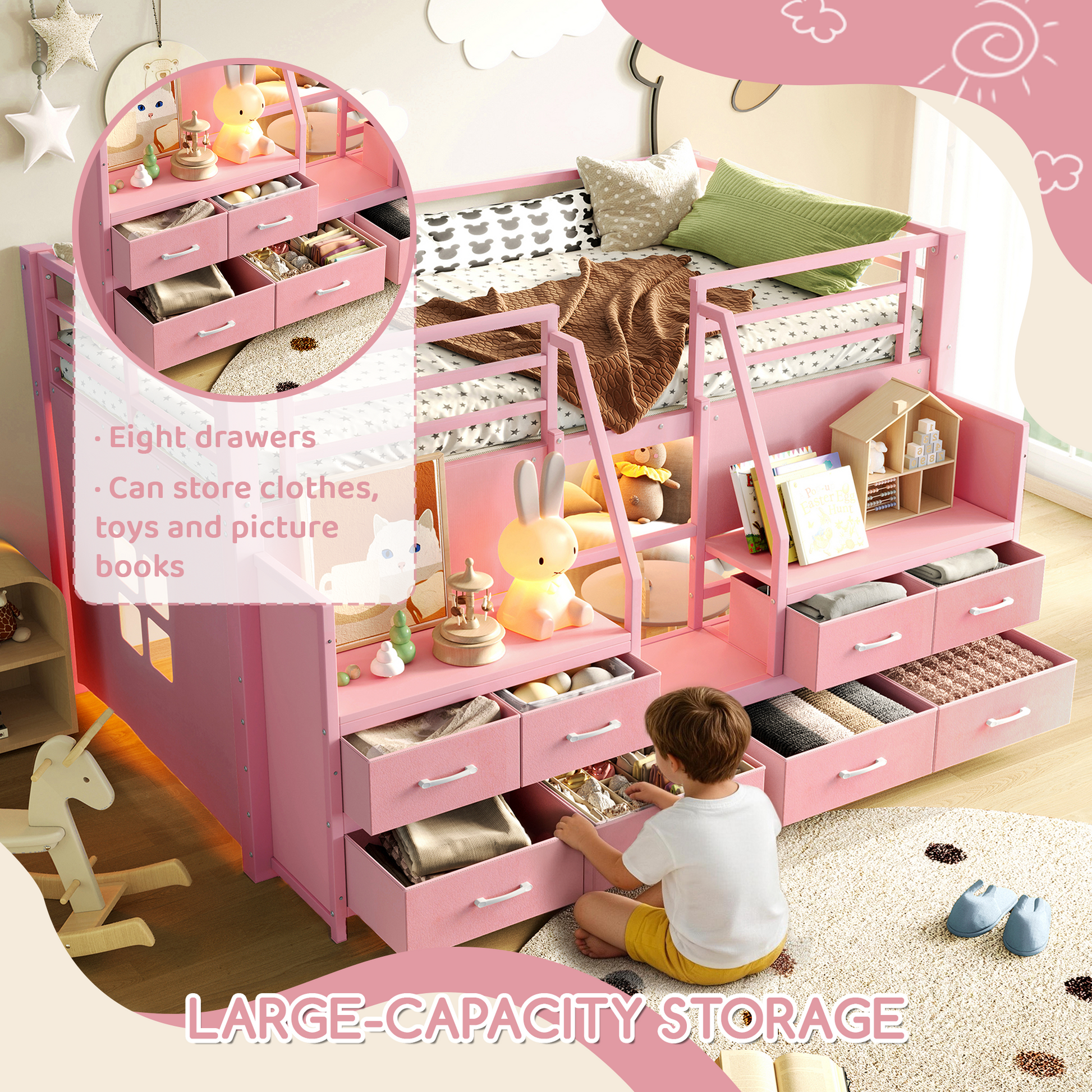 Twin Low Loft Bed with Multi-Storage Spaces, Including Fabric Drawers, Fabric Shelves Beside the Bed, Storage Stairs, Metal Loft Bed with Lights and Ample Under-bed Spaces, Pink image 6