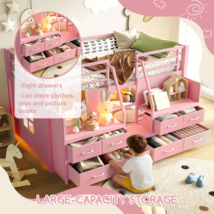 Twin Low Loft Bed with Multi-Storage Spaces, Including Fabric Drawers, Fabric Shelves Beside the Bed, Storage Stairs, Metal Loft Bed with Lights and Ample Under-bed Spaces, Pink image 6