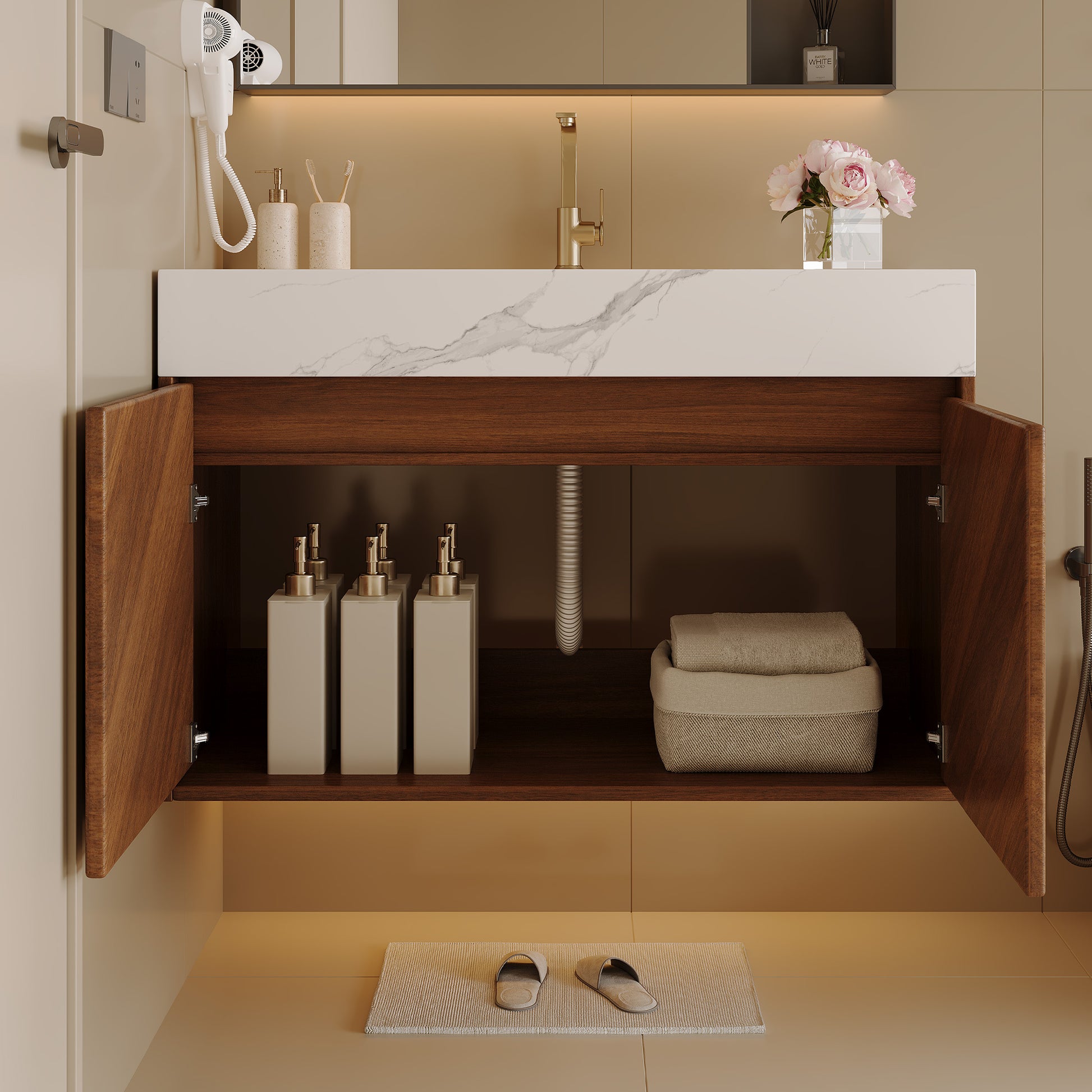 30" Modern Wall-Mounted Bathroom Vanity with Ceramic Sink – Brown Oak, Soft-Close image 3