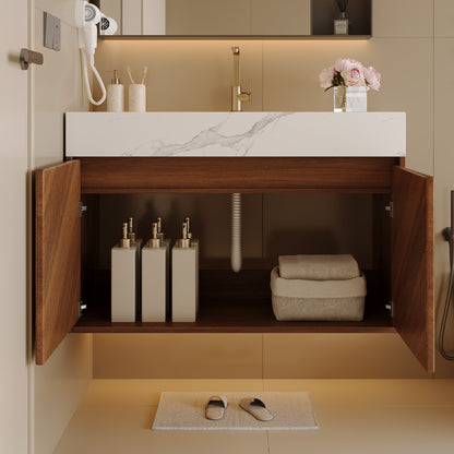 30" Modern Wall-Mounted Bathroom Vanity with Ceramic Sink – Brown Oak, Soft-Close image 3