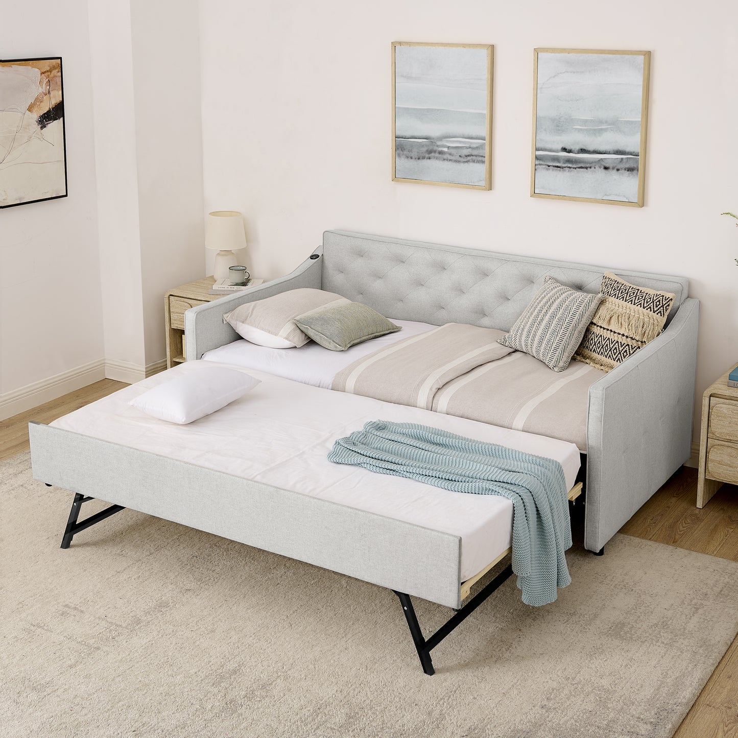 Twin Size Upholstery DayBed with Twin Size Pop-up Trundle and USB Charging Design image 1