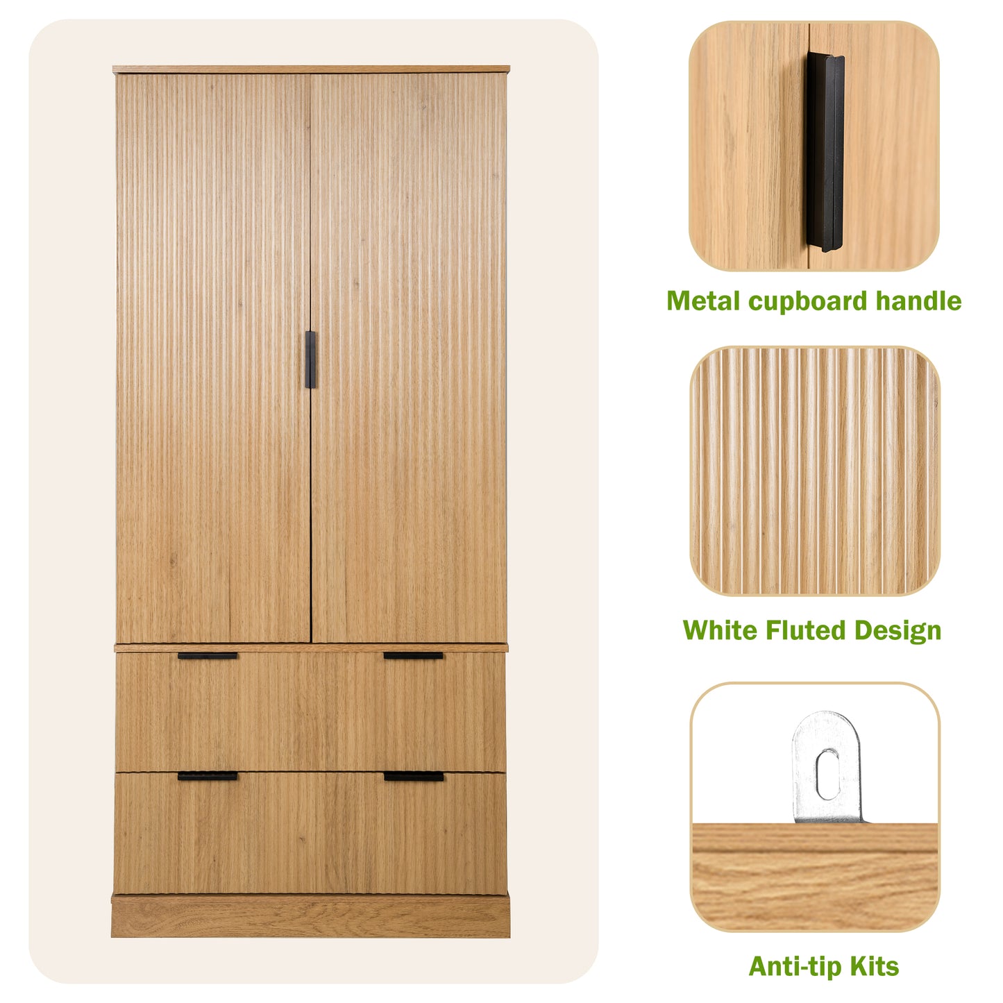 72" Modern Fluted Kitchen Pantry Cabinet with 2 Large Drawers & 8-Door Spice Rack, Freestanding Storage Organizer for Bathroom, Dining Room, Office, Entryway, Oak image 7