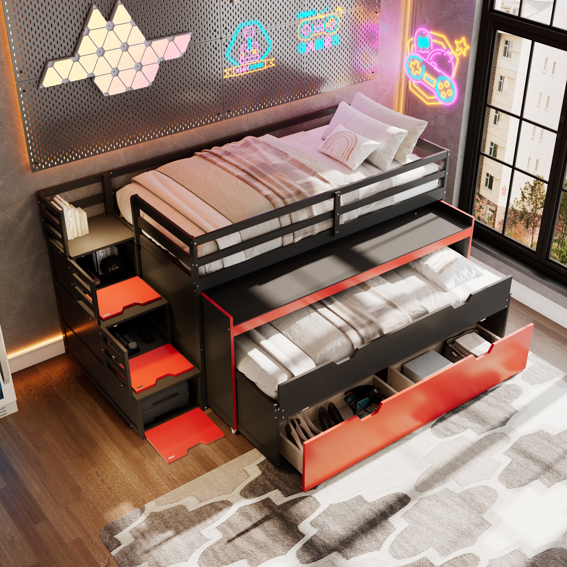 Twin XL Loft Bed with Pull-Out Desk and Twin Trundle, Multi-Functional Bunk Bed with 2 Storage Drawers and Storage Steps, Space-Saving Gaming & Workstation Bedframe, Black+Red image 2