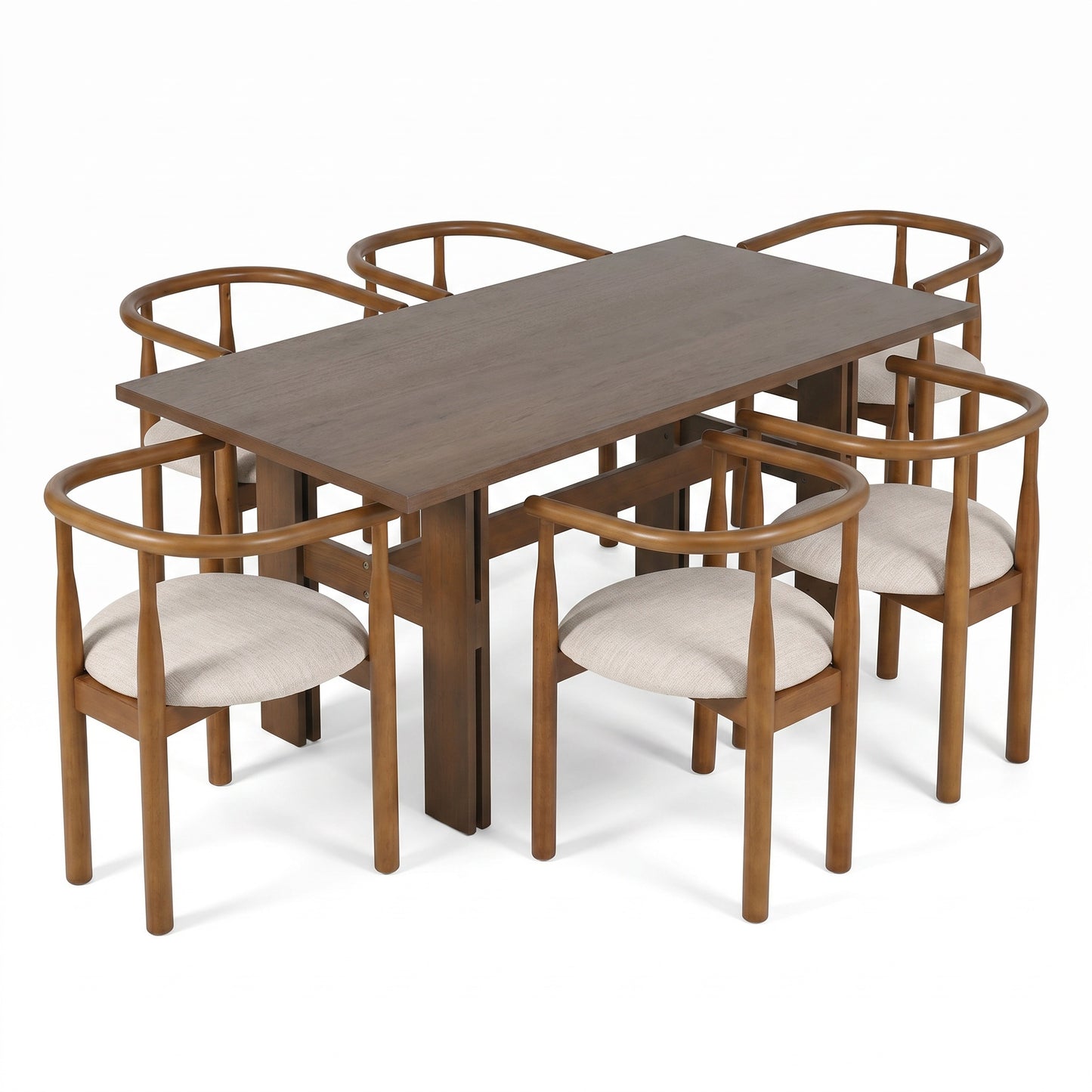 7 Pieces Modern Dining Set, Rustic Farmhouse Solid Wood Kitchen Table Set for 6, 71'' Large Retro Country Dinner Set with Walnut Chair, for Dining Room, Kitchen, Walnut image 3
