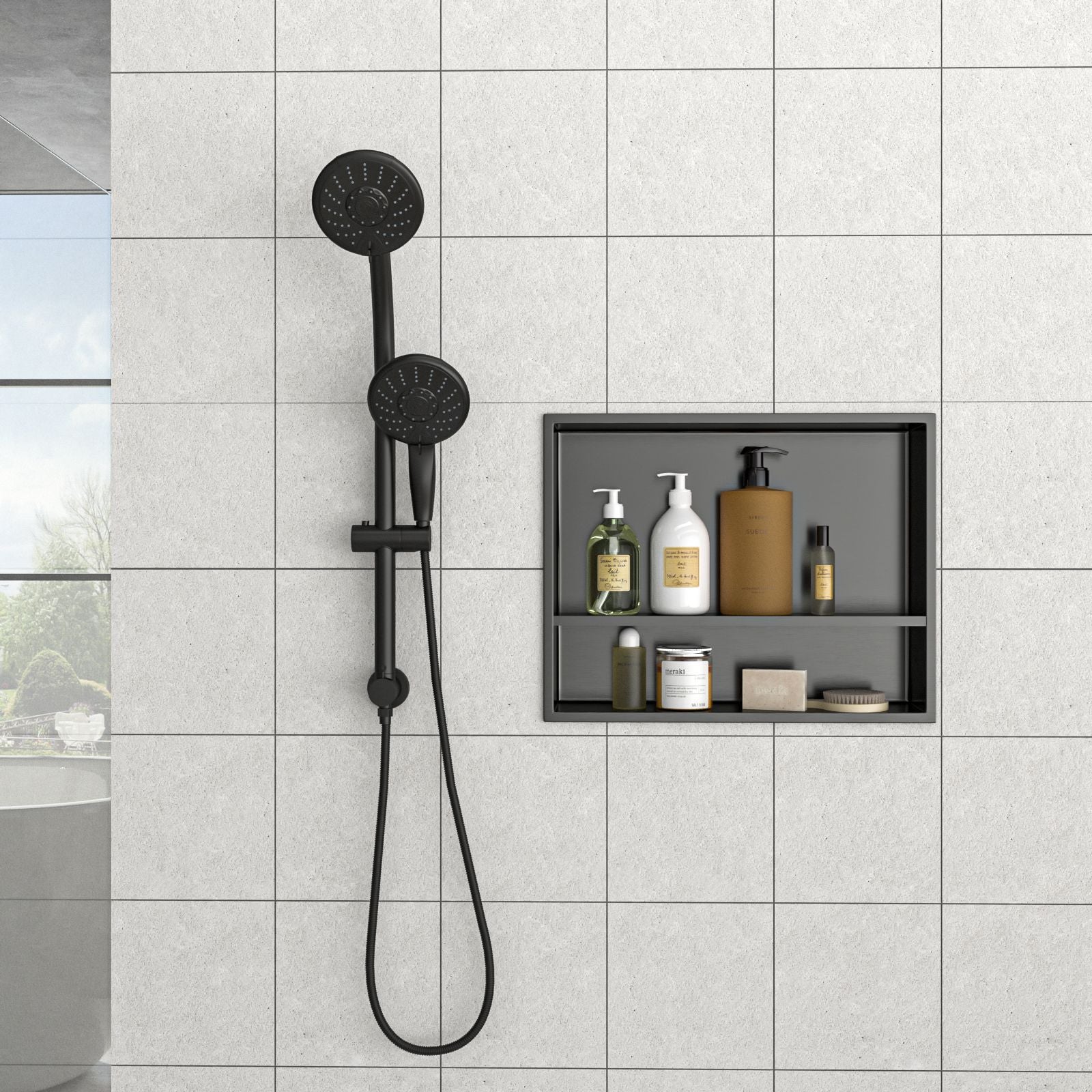 19" x 15" Stainless Steel Shower Niche Double Shelf, Gunmetal Black image 4