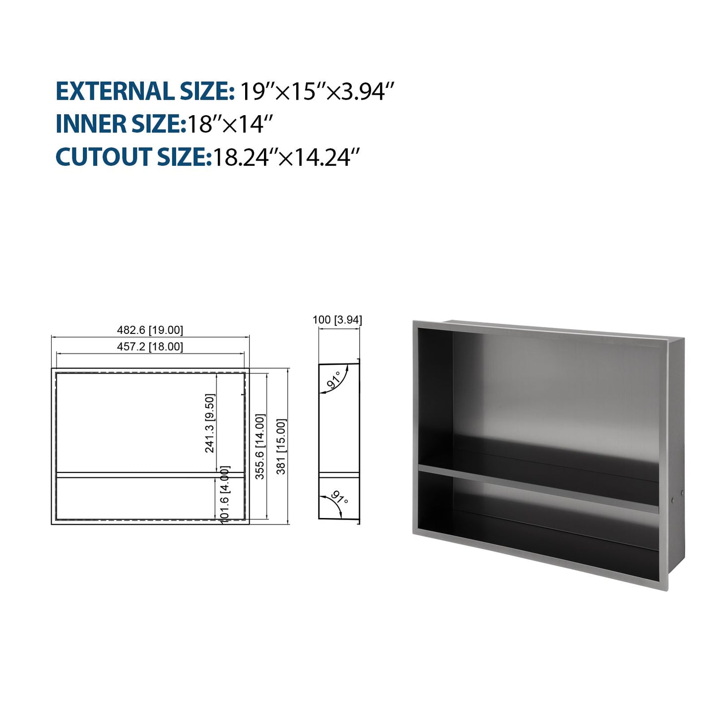 19" x 15" Stainless Steel Shower Niche Double Shelf, Gunmetal Black image 9