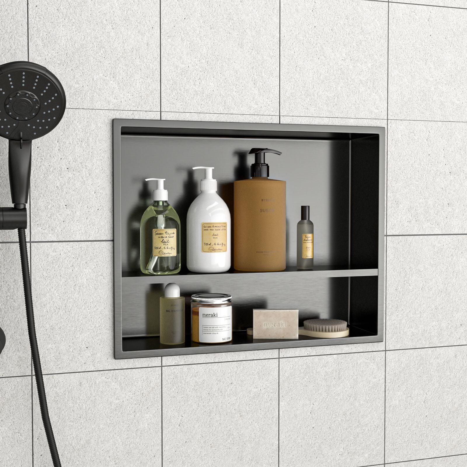 19" x 15" Stainless Steel Shower Niche Double Shelf, Gunmetal Black image 3