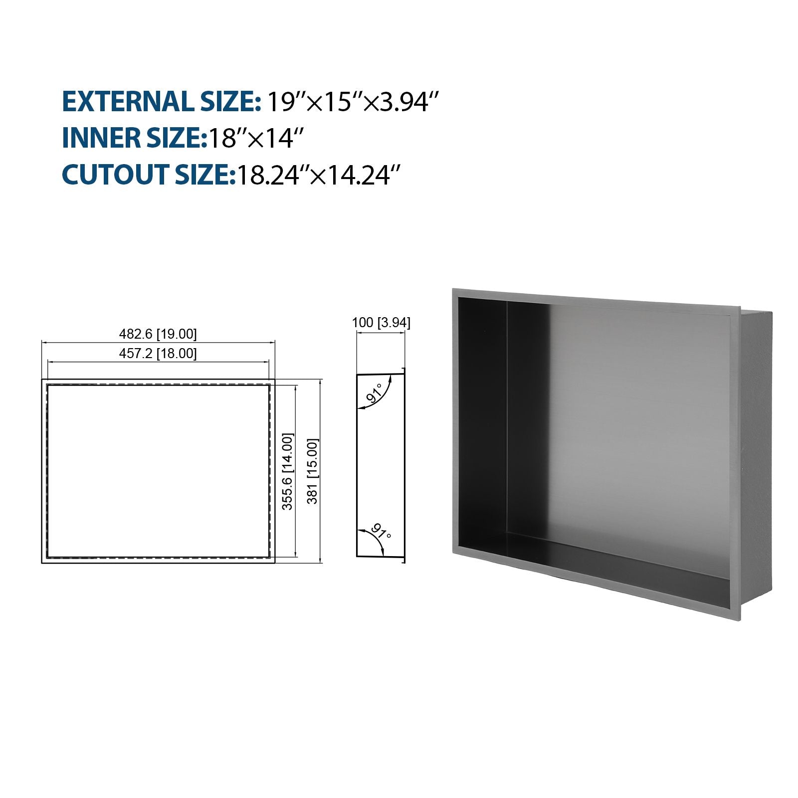 19" x 15" Stainless Steel Shower Niche, Gunmetal Black image 8
