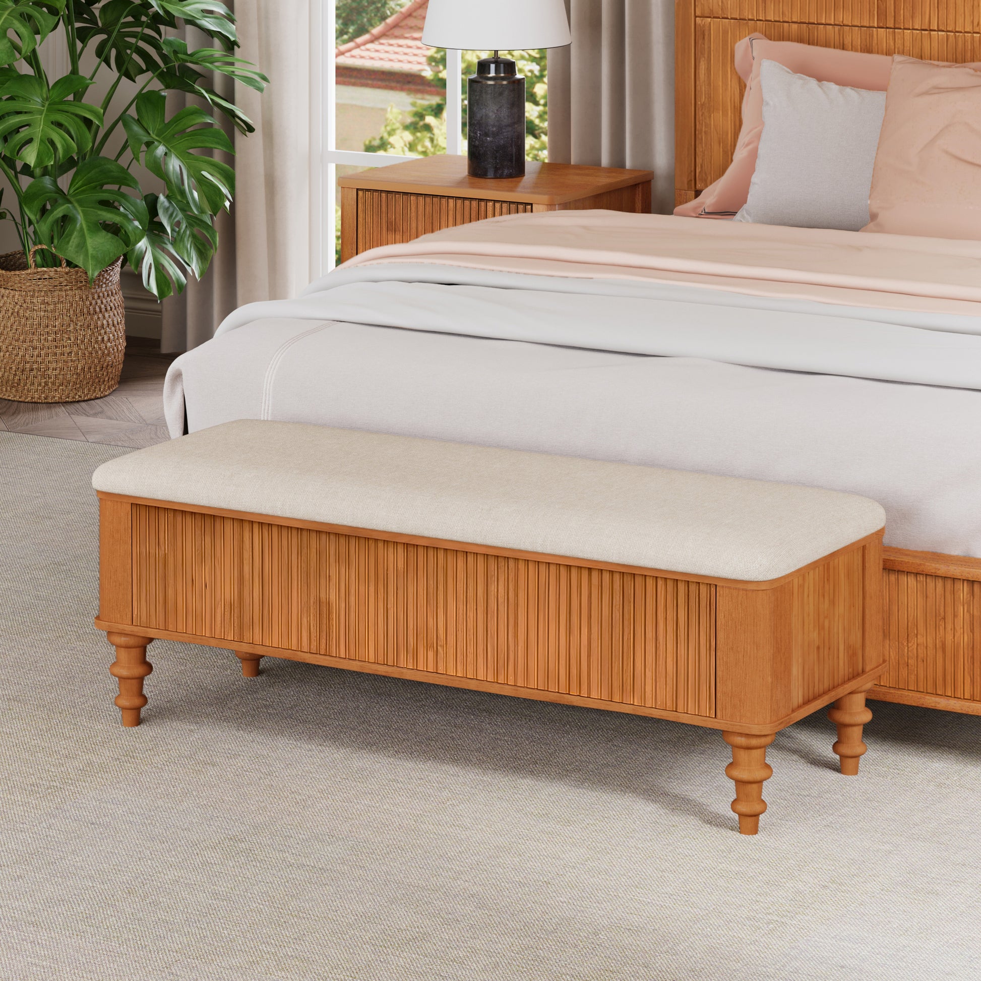 50.8-inch Multi-Functional Storage Ottoman Bench-Solid Rubberwood Bed End Bench with Linen Seat, Storage Bench for Bedroom, Entryway Shoe Organizer for Bedroom, Living Room, Entryway, Closet, Natural image 1