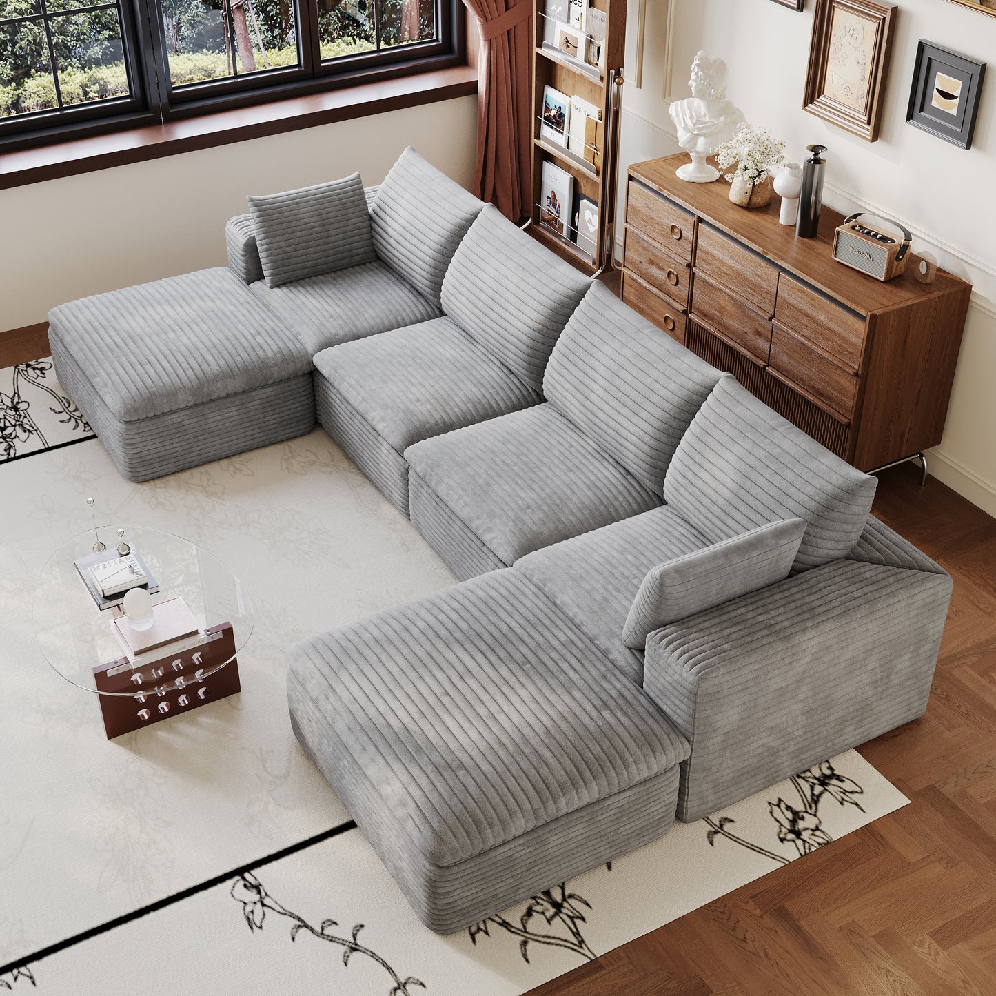 134" Cloud Sofa,Corduroy Fabric,Deep Seat Couches,Double-layer design,Removable Cushion,No Assembly, DIY Combination for Living room, Bedroom,Conference room,Apartment,Grey image 5